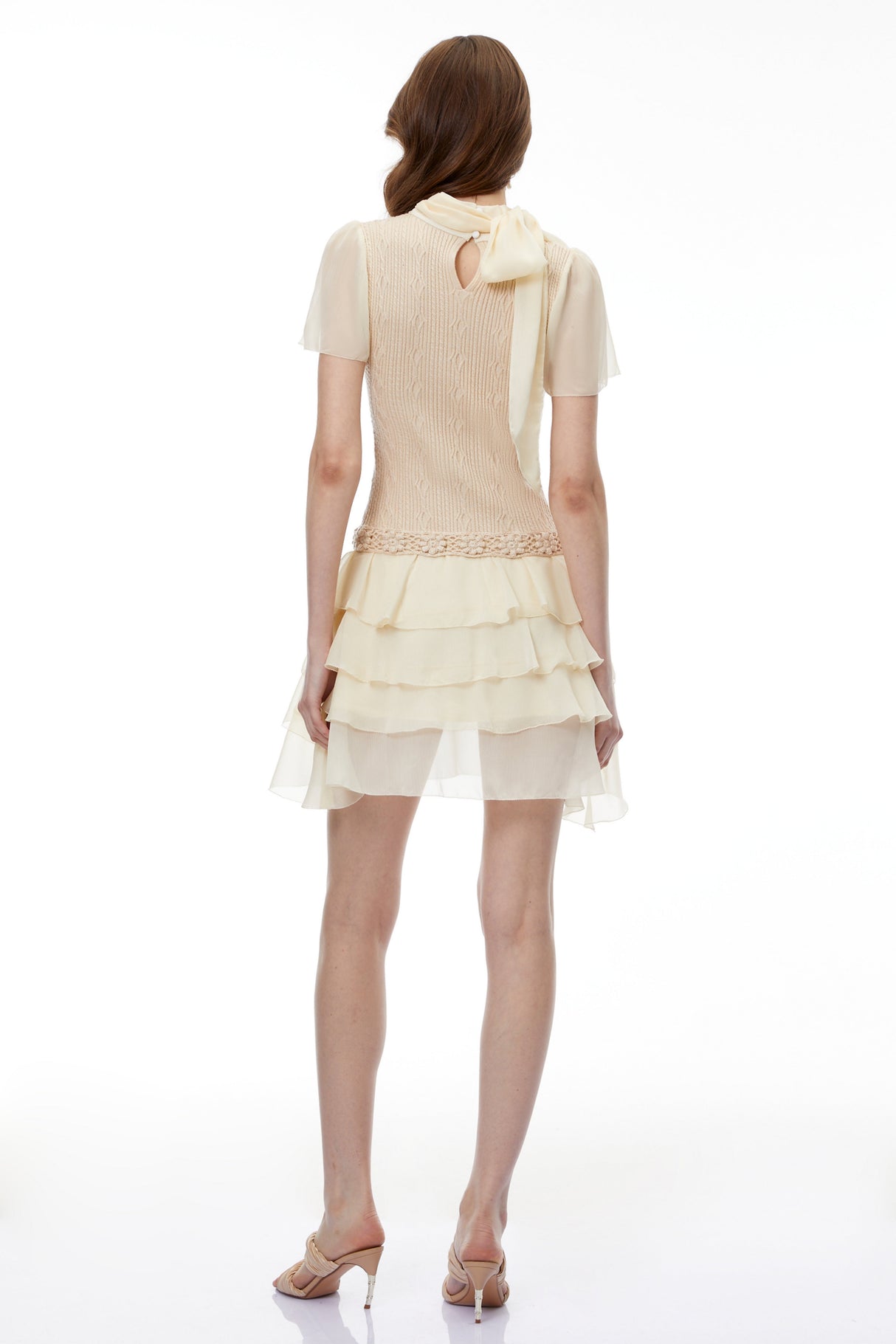 Aurohaya Halcyone Neutral Knit Chiffon Mini Dress