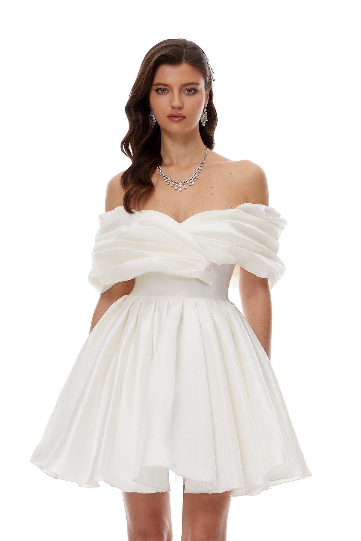 Aurohaya Halina White Off Shoulder Ruched Mini Dress