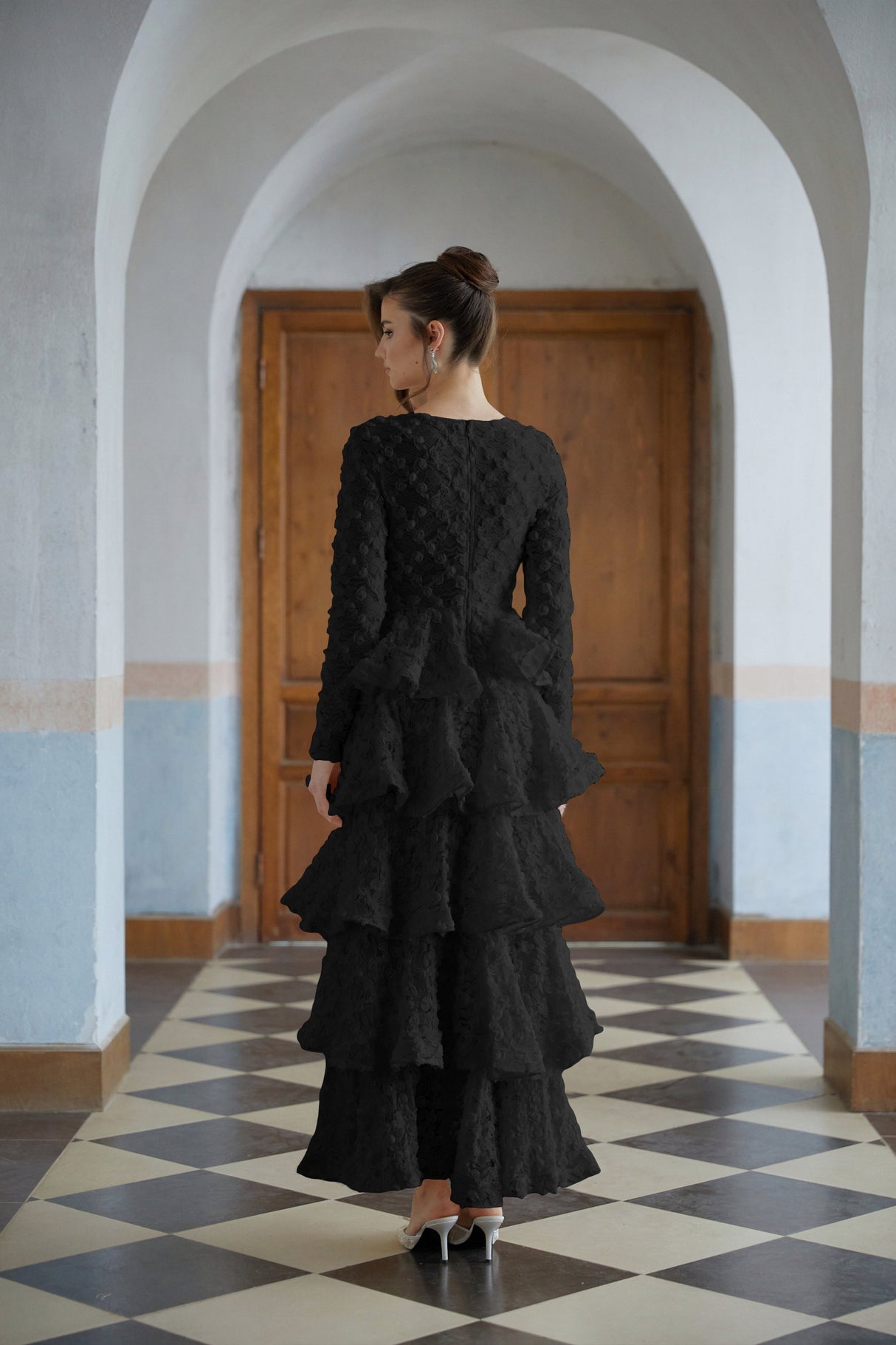 Aurohaya Halla Black Tiered Floral Lace Maxi Dress
