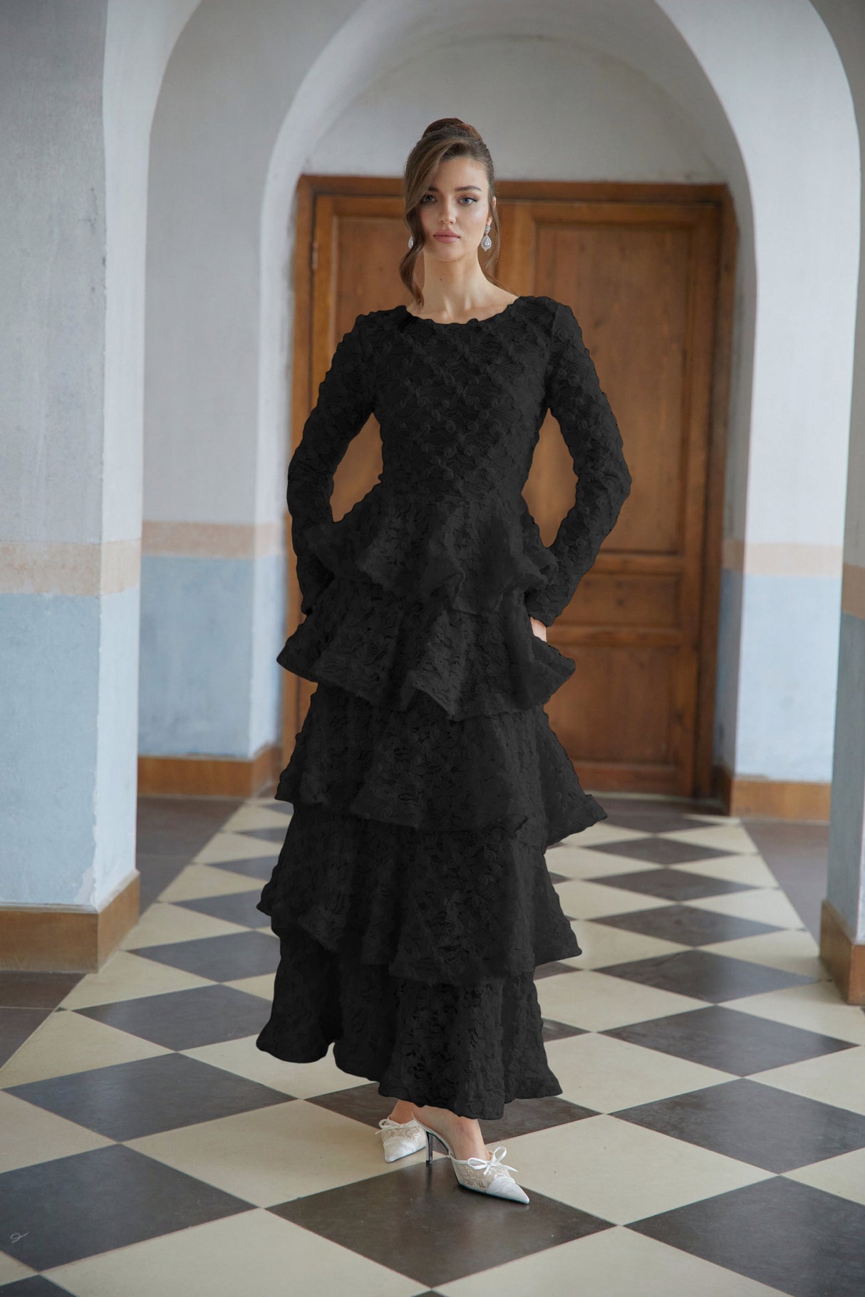 Aurohaya Halla Black Tiered Floral Lace Maxi Dress