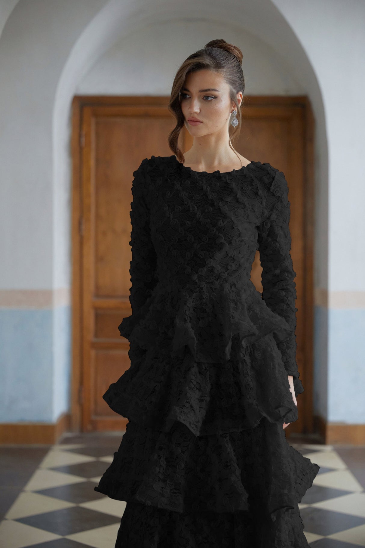 Aurohaya Halla Black Tiered Floral Lace Maxi Dress