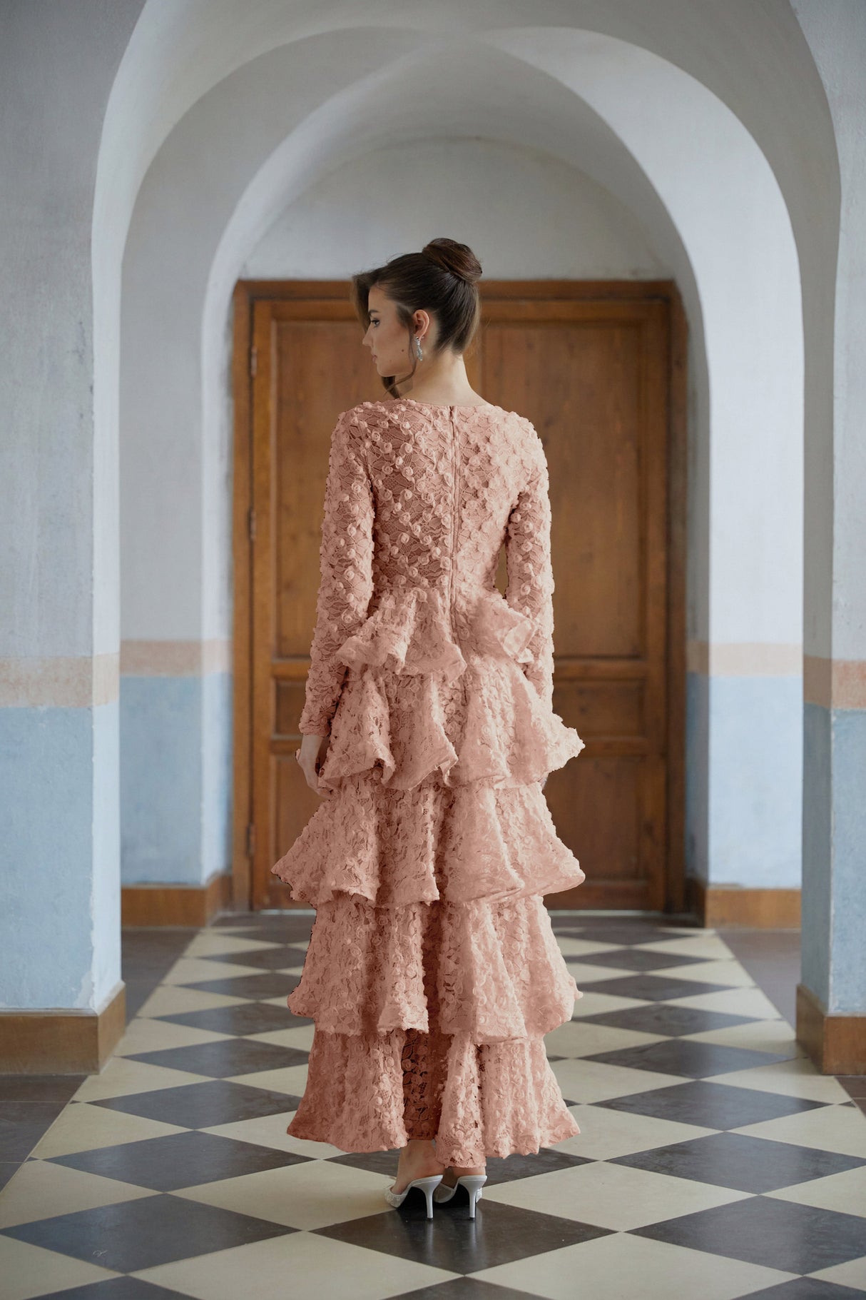 Aurohaya Halla Pink Tiered Floral Lace Maxi Dress