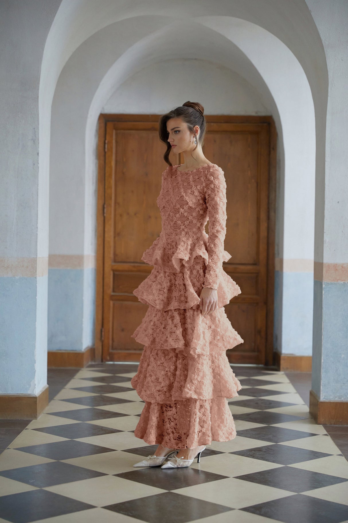 Aurohaya Halla Pink Tiered Floral Lace Maxi Dress
