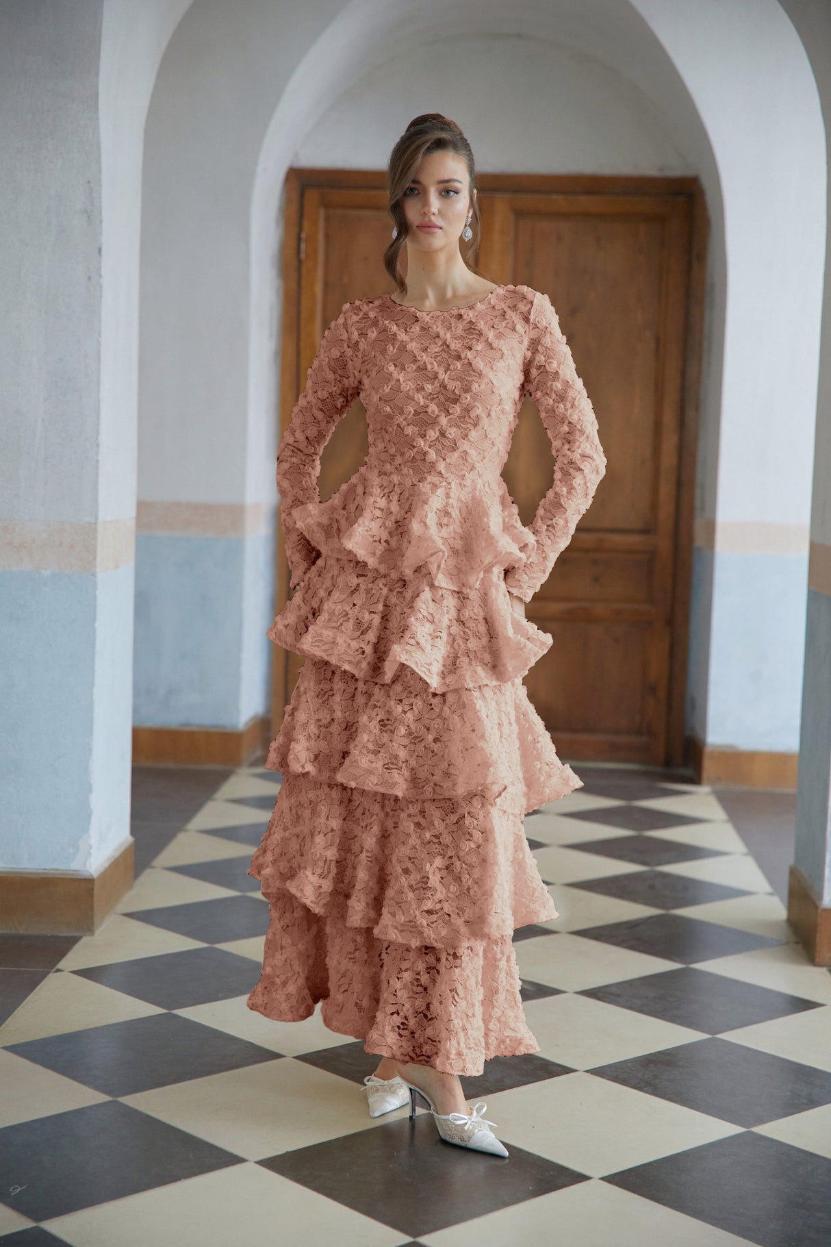 Aurohaya Halla Pink Tiered Floral Lace Maxi Dress