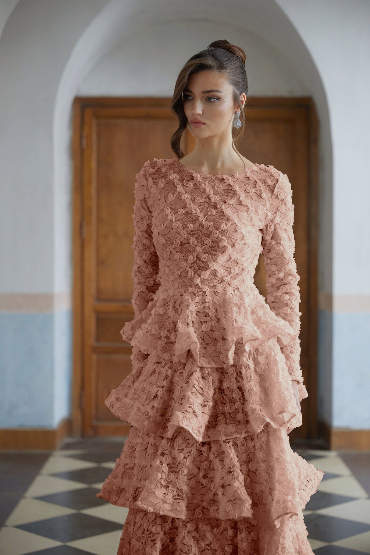 Aurohaya Halla Pink Tiered Floral Lace Maxi Dress