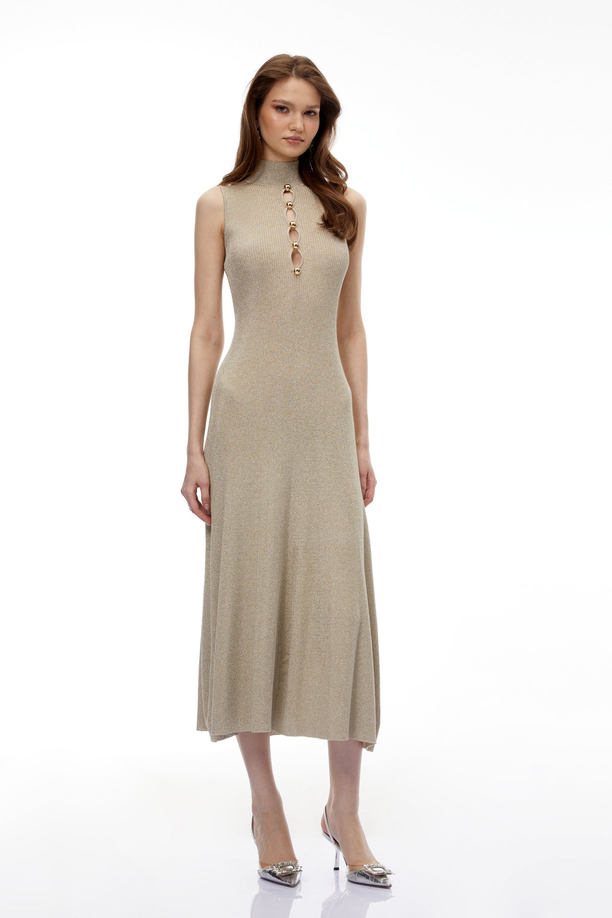 Aurohaya Hallveig Gold Beaded Knit Maxi Dress