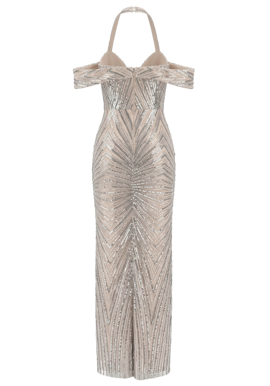 Halter Bardot Sequin Maxi Dress Silver