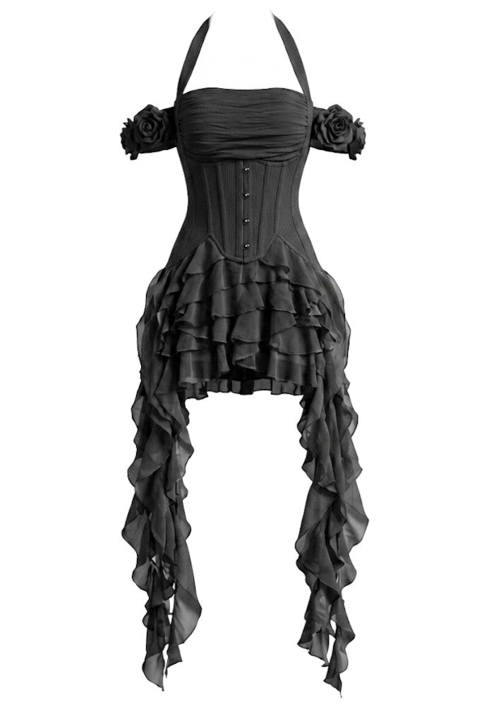 Halter Corset Ruffle Maxi Dress Black