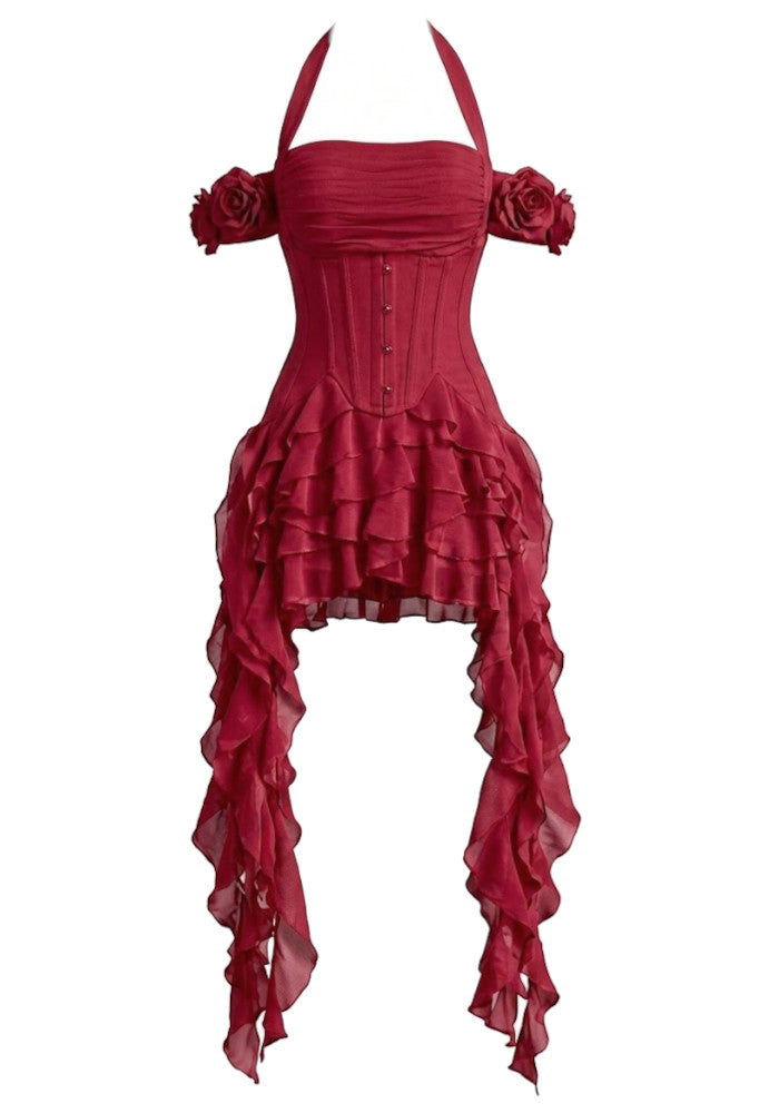 Halter Corset Ruffle Maxi Dress Red