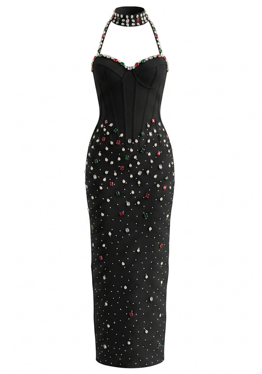 Halter Crystal Structured Bustier Maxi Dress Black