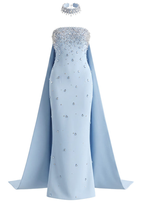 Strapless Crystal Cape Maxi Dress Blue