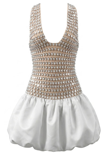 Halter Crystal Corset Bubble Dress Nude White