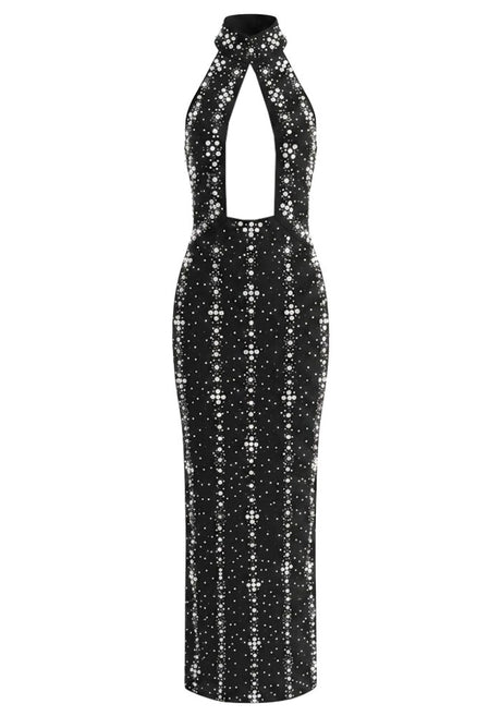 Halter Crystal Cut Out Maxi Dress Black