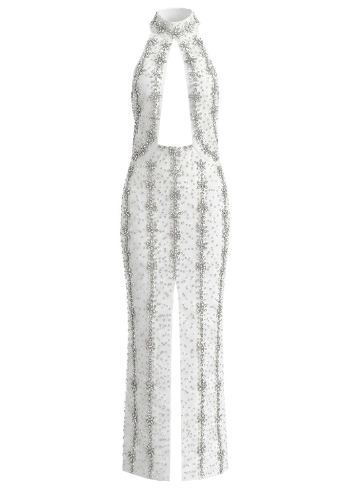 Halter Crystal Cut Out Maxi Dress White