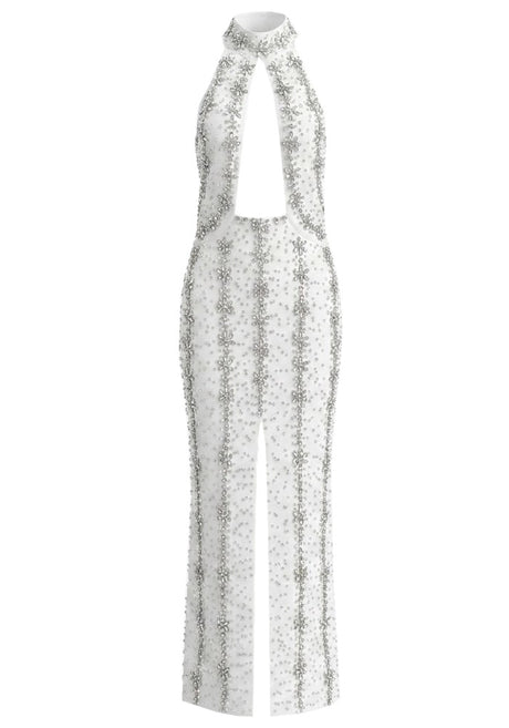 Halter Crystal Cut Out Maxi Dress White
