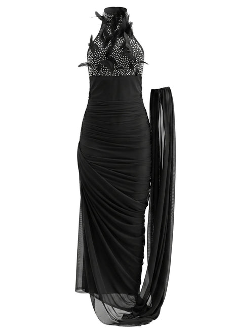 Halter Crystal Feather Draped Mesh Maxi Dress Black