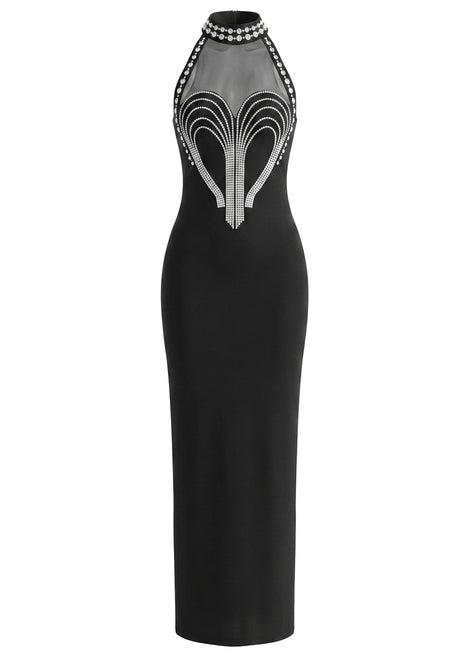 Halter Crystal Embellished Mesh Maxi Dress Black
