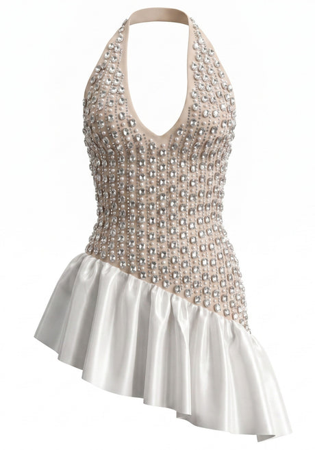 Halter Crystal Ruffle Dress Nude White