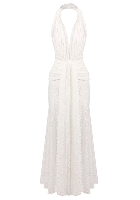 Halter Draped Lace Maxi Dress White