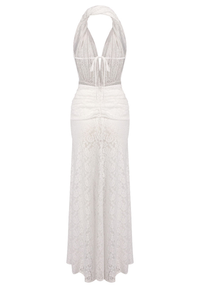 Halter Draped Lace Maxi Dress White