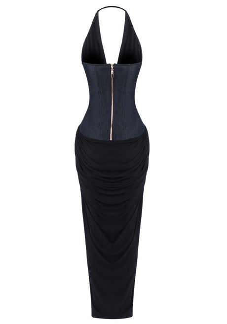 Halter Denim Insert Maxi Dress Black