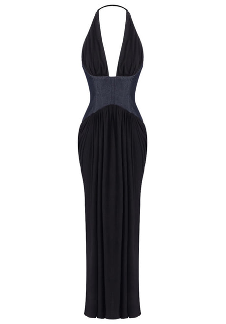 Halter Denim Insert Maxi Dress Black