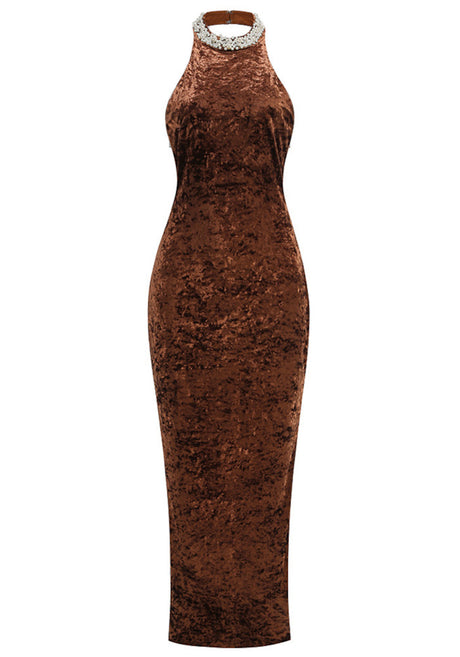 Halter Pearl Embellished Maxi Velvet Dress Brown