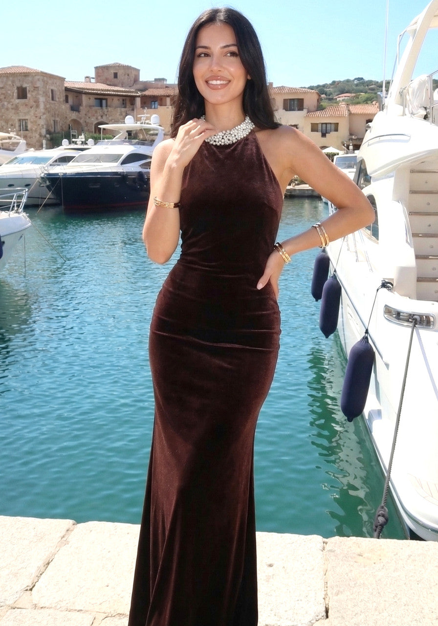 Halter Pearl Embellished Maxi Velvet Dress Dark Brown