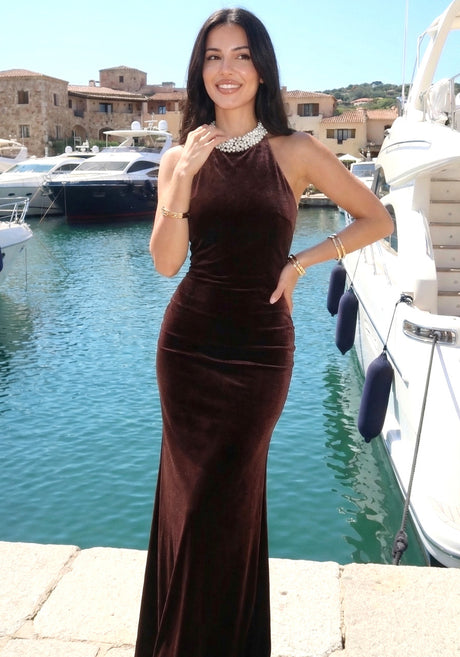 Halter Pearl Embellished Maxi Velvet Dress Dark Brown