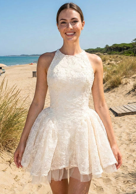 Halter Floral A Line Dress Ivory