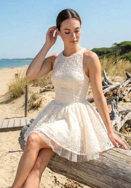 Halter Floral A Line Dress Ivory
