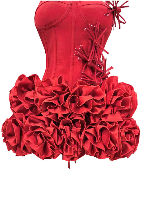Halter Floral Corset Ruffle Dress Red