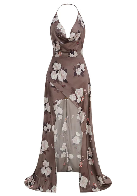 Halter Floral Maxi Dress Brown