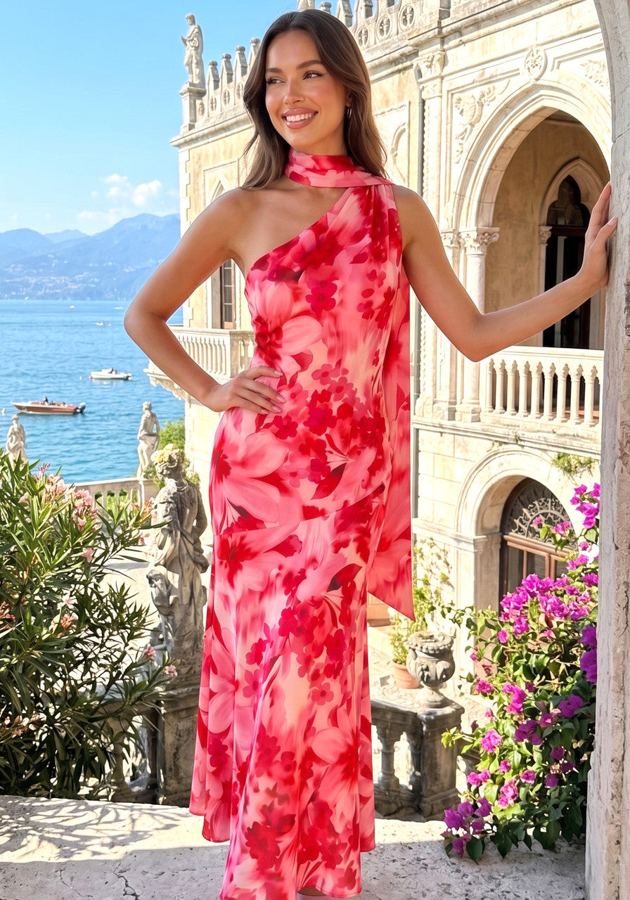 Halter Floral A Line Maxi Dress Hot Pink