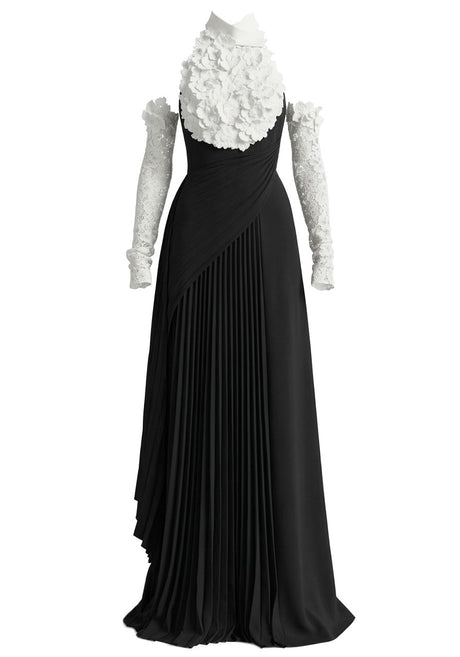 Halter Floral Pleated A Line Maxi Dress Black White