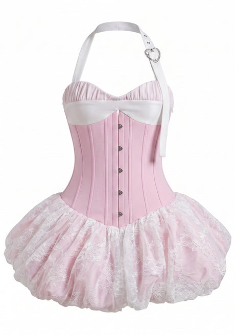 Halter Lace Bubble Corset Dress Pink White