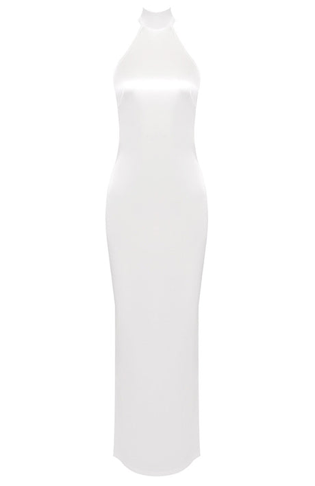 Halter Pearl Detail Backless Maxi Dress White