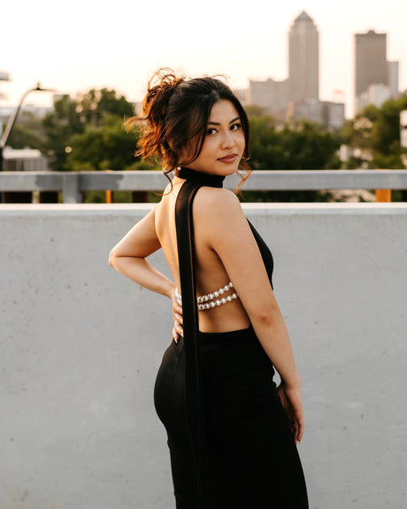 Halter Pearl Detail Backless Maxi Dress Black