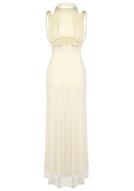Halter Pearl Backless Maxi Dress Light Yellow