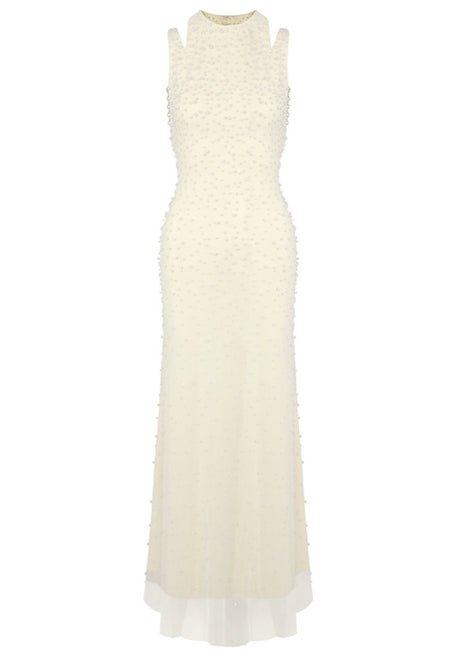 Halter Pearl Backless Maxi Dress Light Yellow