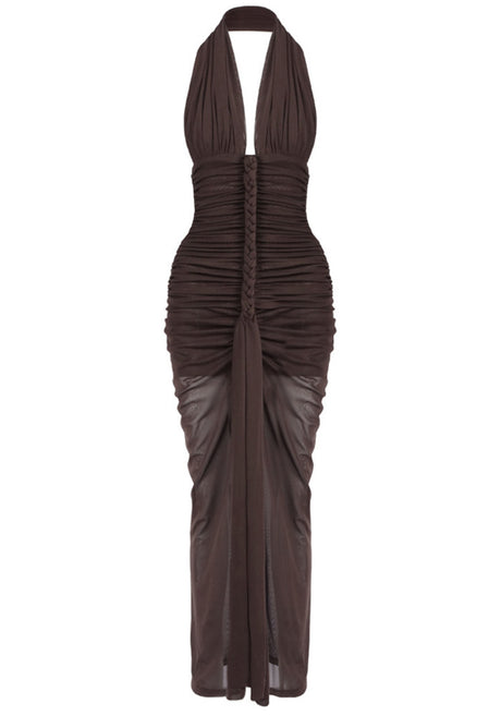 Halter Braid Detail Ruched Maxi Dress Brown