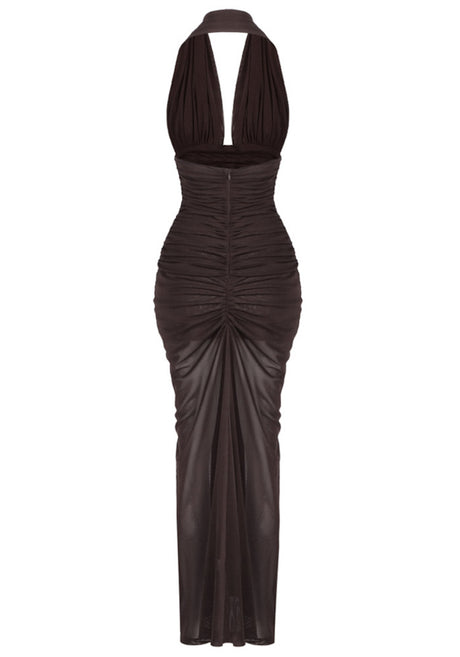 Halter Braid Detail Ruched Maxi Dress Brown
