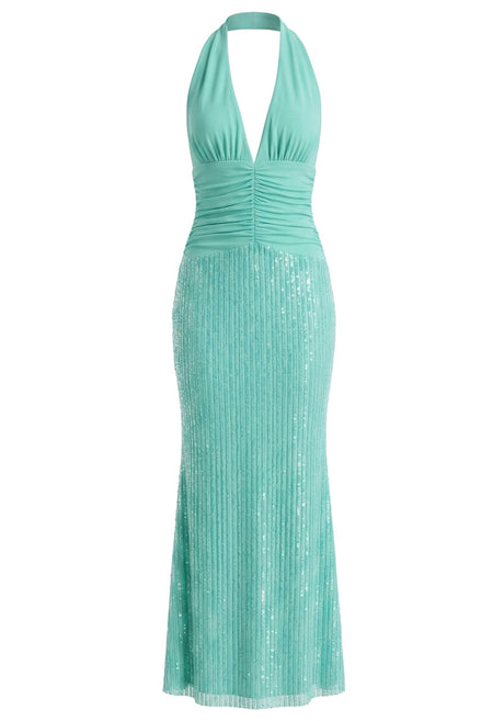 Halter Ruched Sequin Maxi Dress Green
