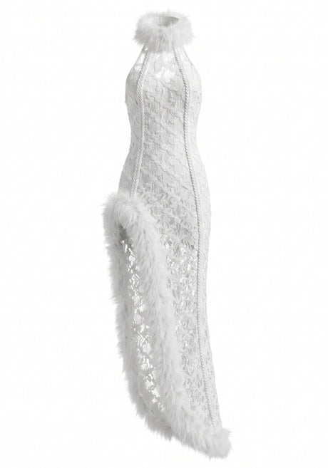 Halter Mesh Ruffle Lace Maxi Dress White
