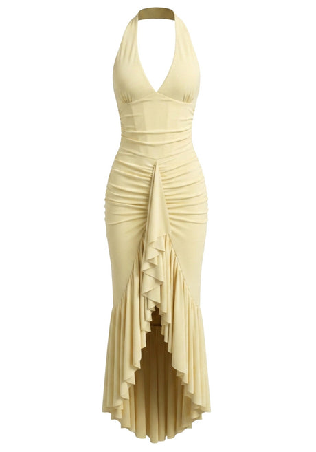 Halter Ruffle Detail Maxi Dress Yellow