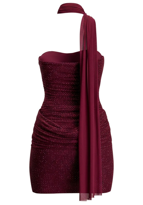 Halter Scarf Draped Sparkly Dress Burgundy