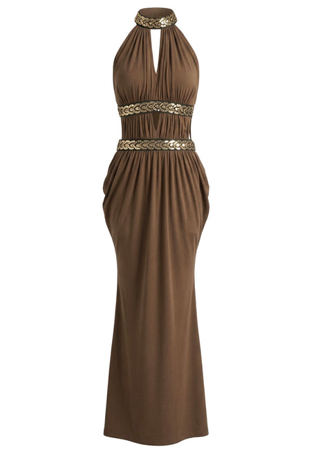Halter Sequin Detail Draped Maxi Dress Brown
