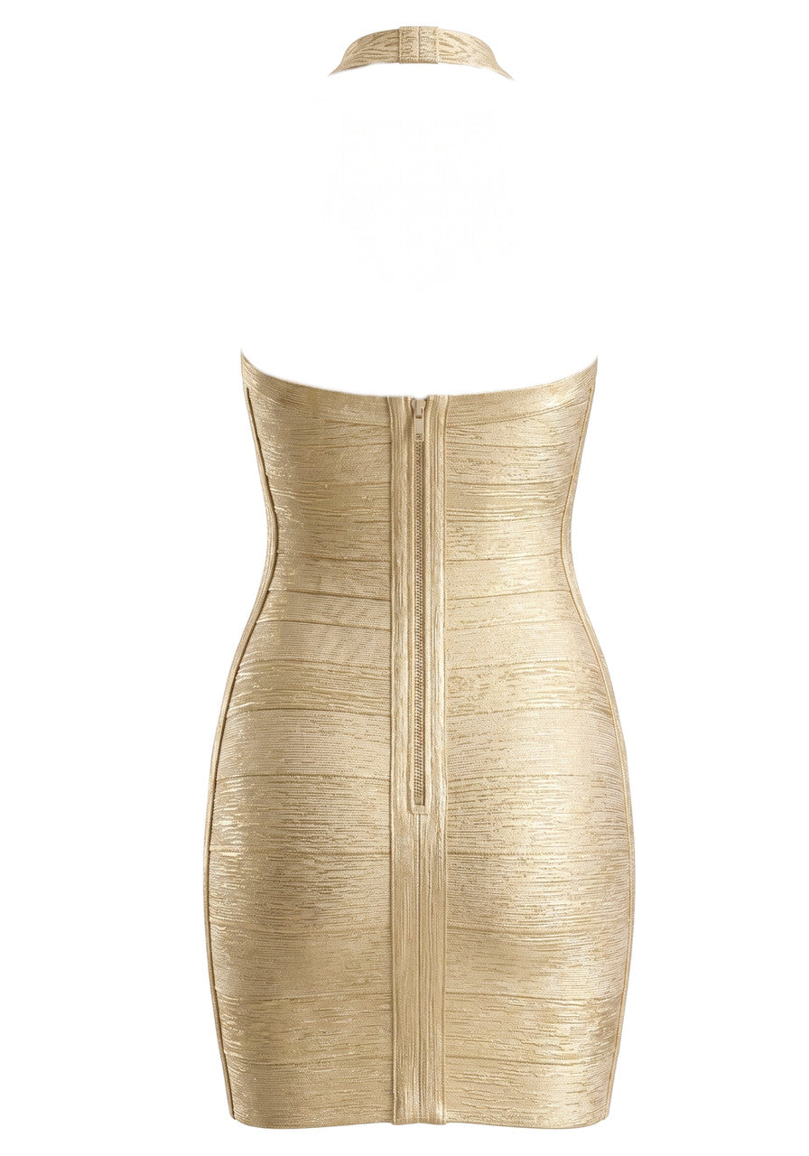 Halter Woodgrain Foil Print Dress Gold