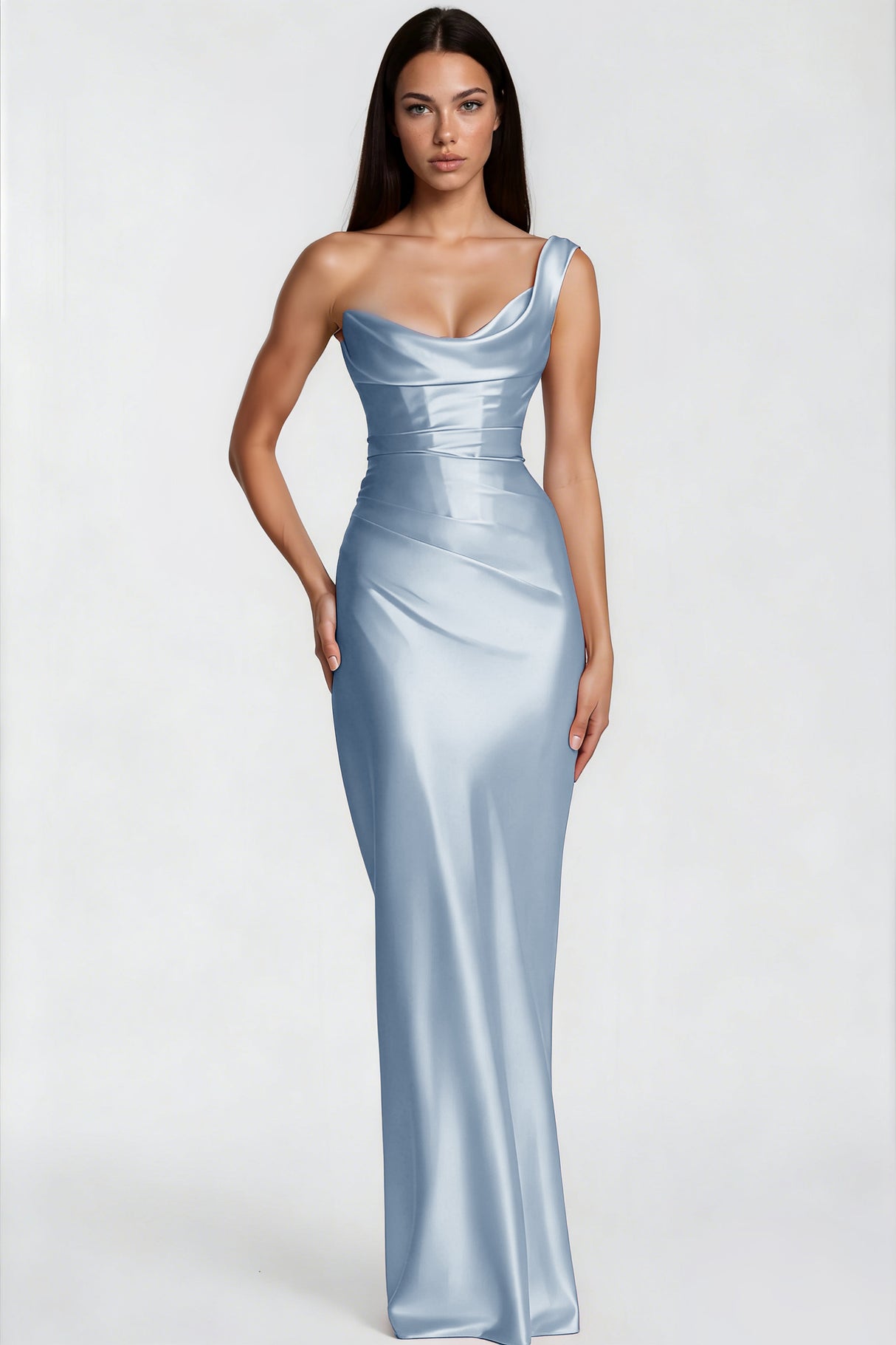 Aurohaya Hannah Blue One Shoulder Satin Maxi Dress