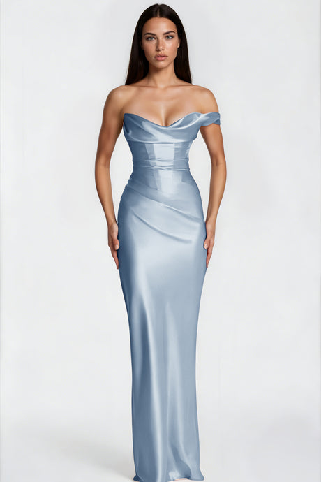 Aurohaya Hannah Blue One Shoulder Satin Maxi Dress